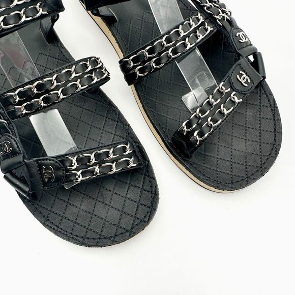 CHANEL 2022 Black Chain Interlocking CC Dad Sandals Size 40 Open Toe Slingback - Picture 7 of 15
